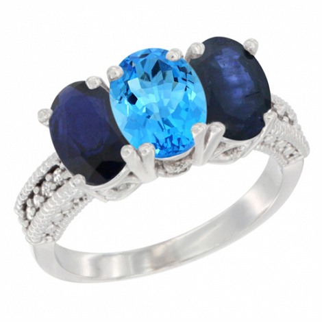 ... White Gold Oval Natural Swiss Blue Topaz  Blue Sapphire Ring, Size 6